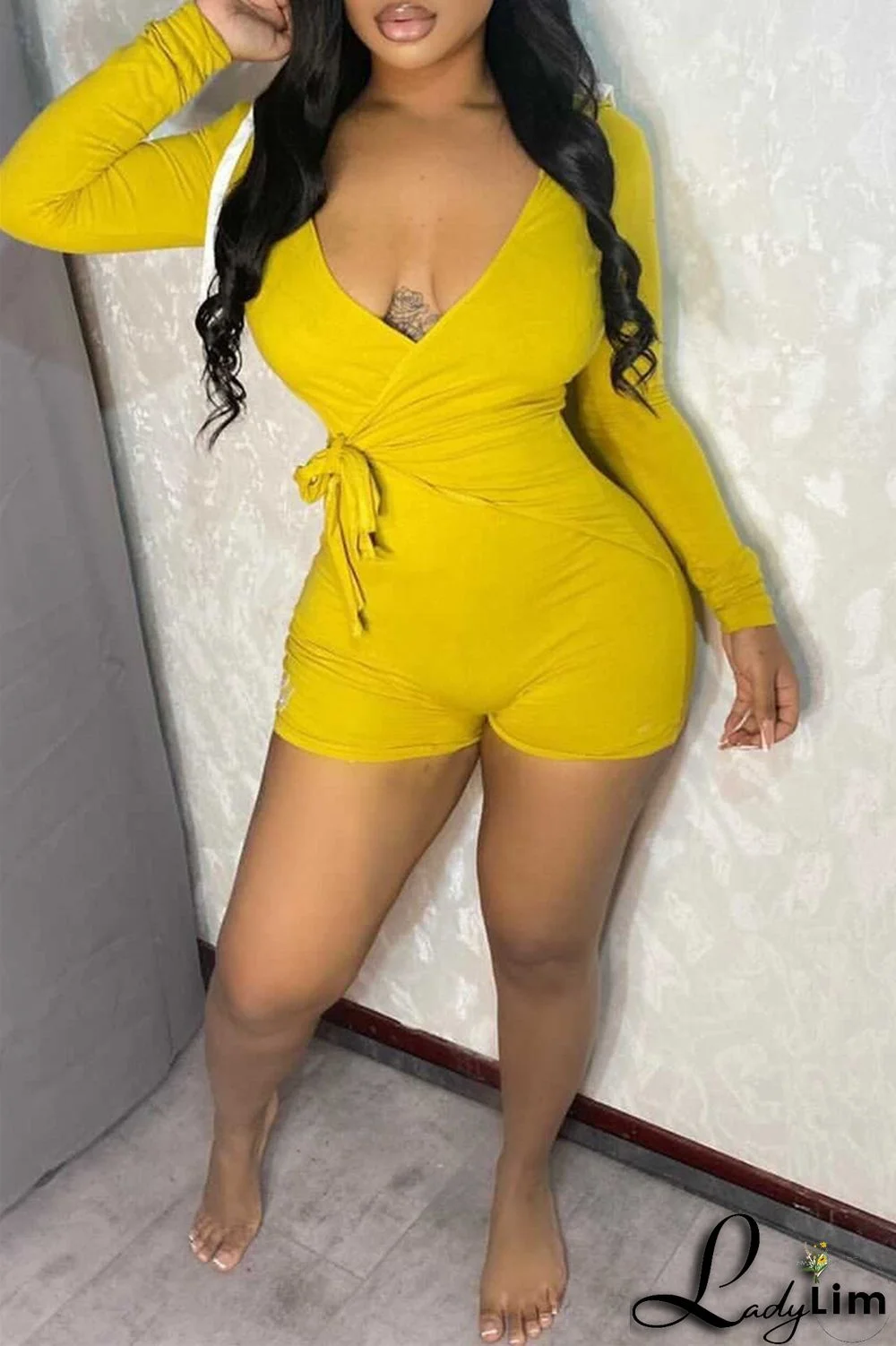 Yellow Fashion Casual Solid Bandage V Neck Long Sleeve Skinny Romper