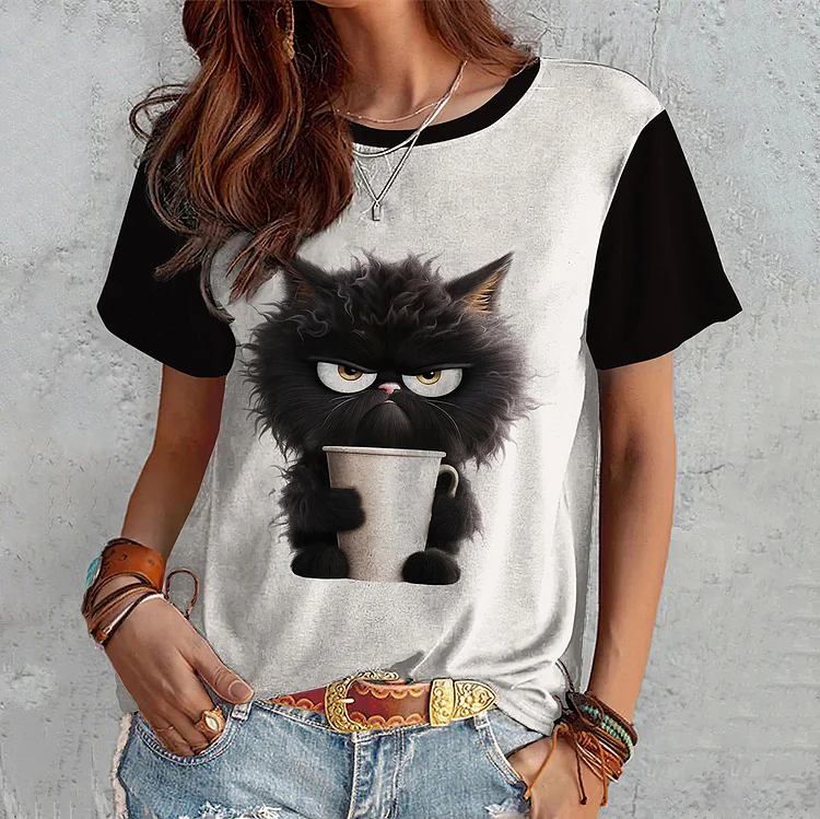 VChics Cute Grumpy Cat Print Crew Neck T-Shirt