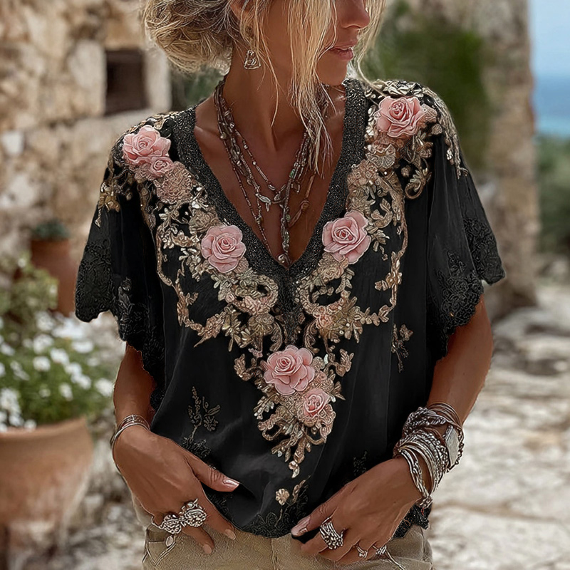 Women's Pink Roses Embroidered Art V-neck Short Sleeve Linen Blend T-shirt wearshes