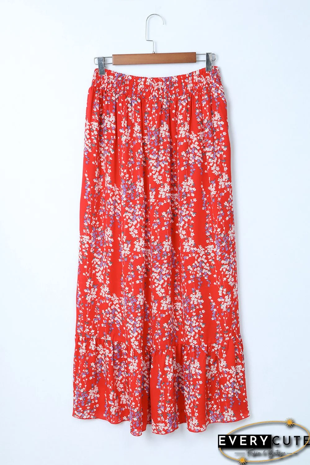 Red Multicolor Floral Ruffled Crop Top and Maxi Skirt Set