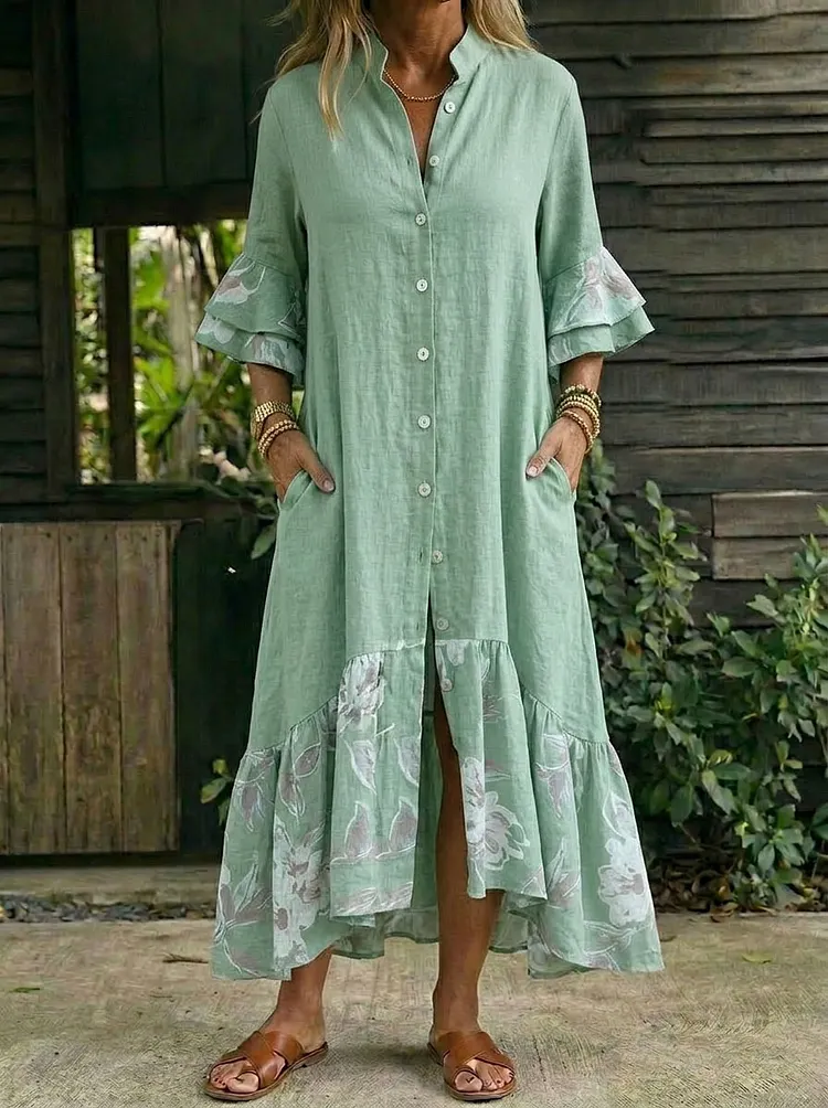 Women&rsquo;s Casual Ruffle Sleeve Cotton Maxi Dress