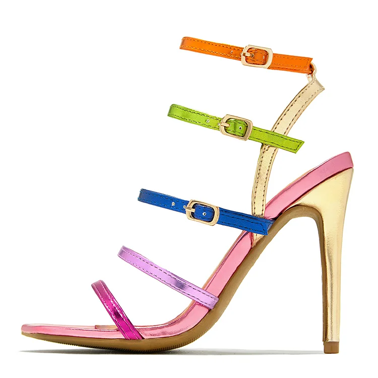 Multicolor Strappy Buckle Sandals Women'S Elegant Stiletto Heels Square Toe Shoes |FSJ Shoes