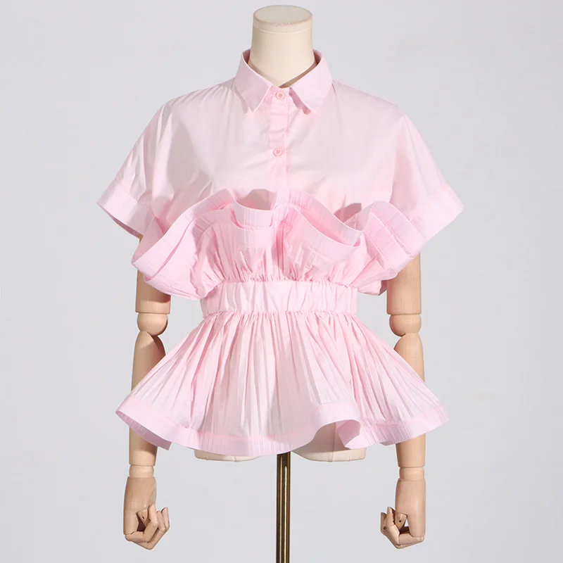 Toloer Toloer Summer New Fashion Lapel Flounces Splicing Design Sense Of Waist Show Thin Senior Sense Of Short-Sleeved Shirt Women-Outfit Ideas