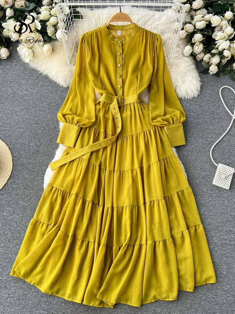 Huibahe Autumn Retro Beach Pleated Dress Women Lantern Sleeve French Single Breasted 2024 Fashion Chiffon A Line Long Dress