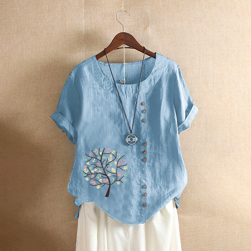 Northwnidgrp Round Neck Short Sleeved Pullover Shirt 2025 Women's Summer Retro Casual Loose Cotton Linen Pullover Large Blouses