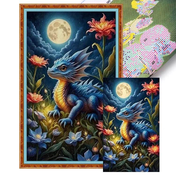 Blue Dragon In Moonlight (40*65cm) 11CT Stamped Cross Stitch gbfke