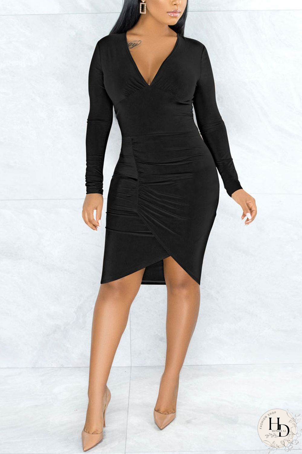 Color Blue Sexy Solid Split Joint V Neck Pencil Skirt Dresses