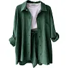 Women's Wrinkled Fabric Casual Long Sleeve Shirt High Waist Drawstring Shorts Two-piece Set