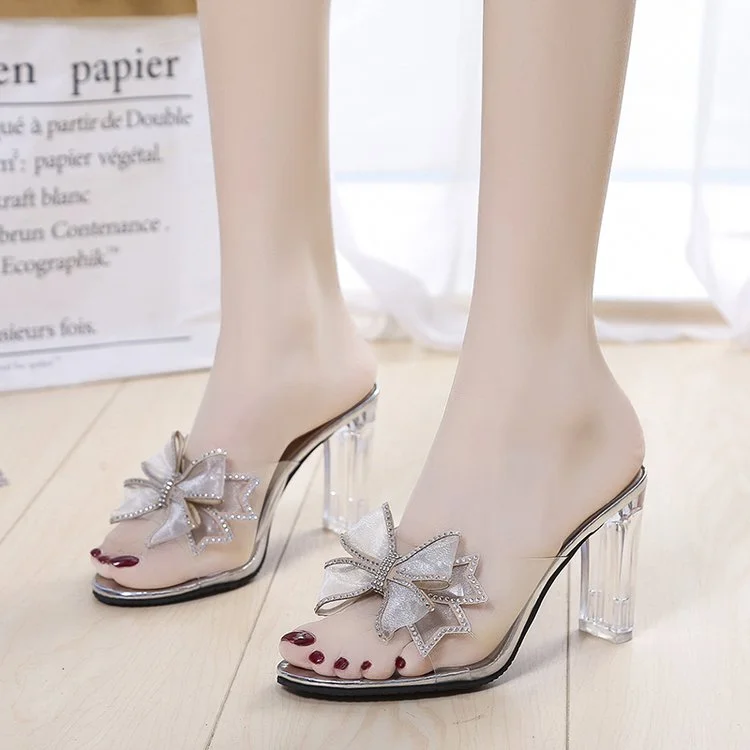 Slippers women's super high heel thick heel rhinestone bow transparent sandals 2021 new women shoes cross-border shoes women