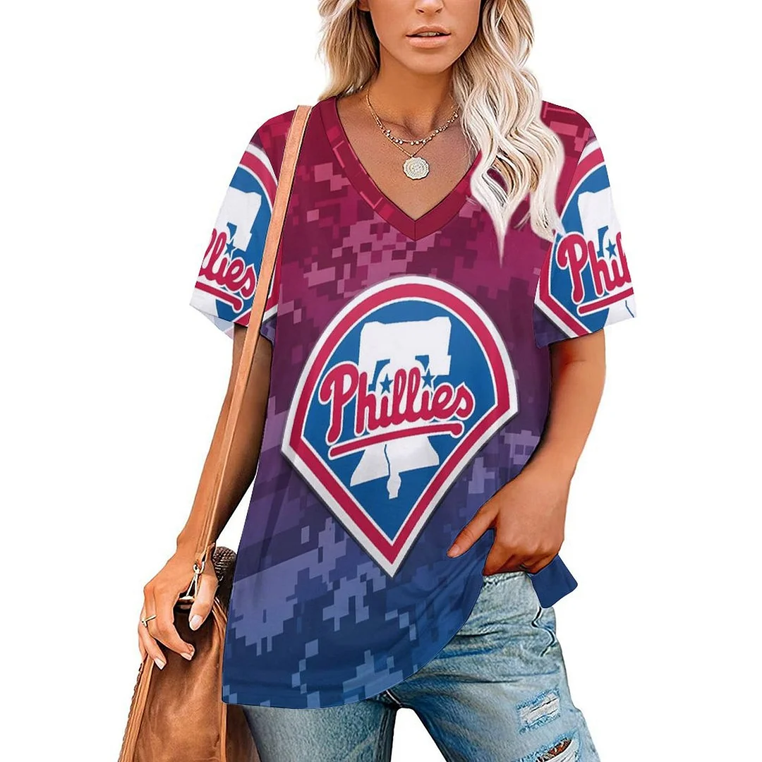 V-neck Short Sleeve Casual T-shirt for  Women Printed with Pattern Philadelphia Phillies, Blue, Red