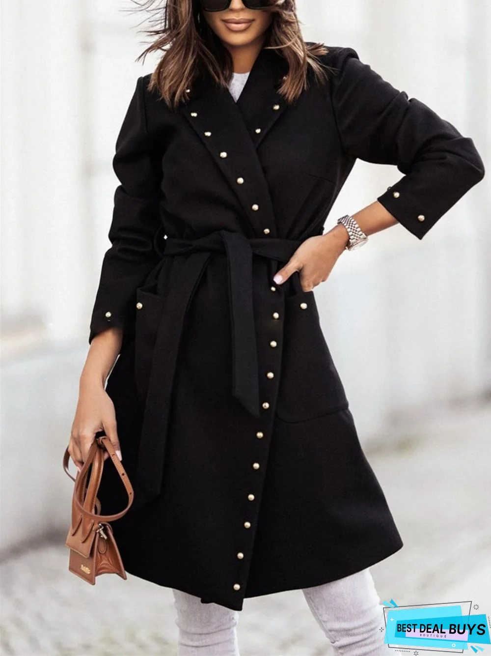 Simple Double Row Button Rivet Long Sleeve Lapel Button Woolen Coat