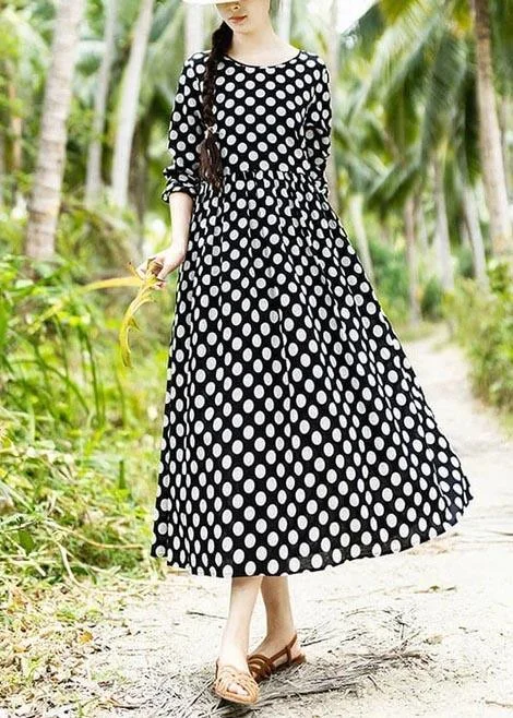 Women Cotton Clothes Plus Size Spring Pleated Long Black Dots Dress ( Limited Stock)