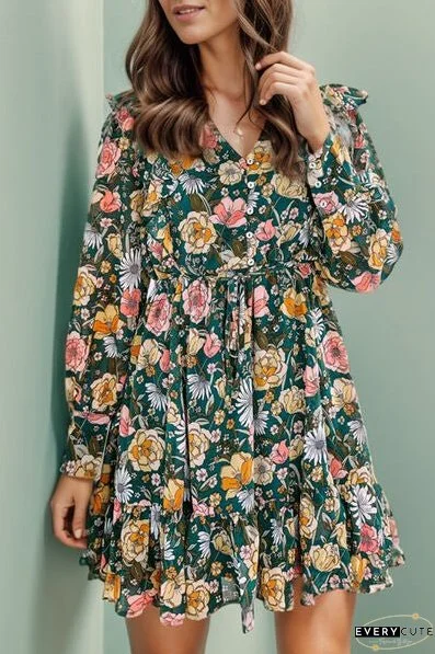 Printed Ruffled V-Neck Mini Dress