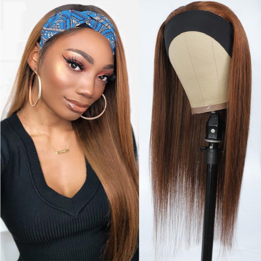 Brazilian Straight Glueless Headband Wig Highlight Wig Mix #2/6 Ombre Color 180%&220% Density  Human Hair Wigs Bling Hair