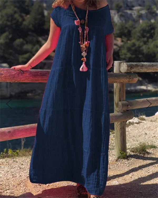 Vintage Bohemian Solid Short Sleeve Midi Dress