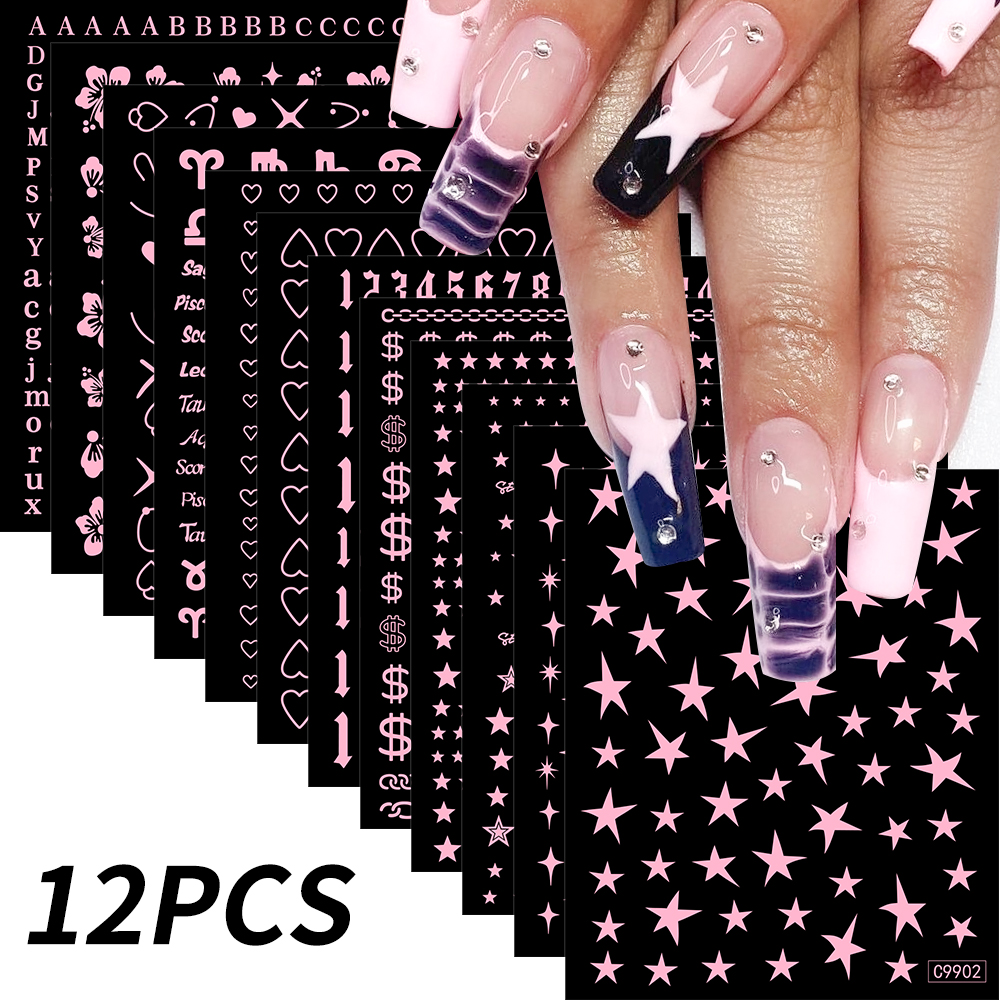 Bonusgor 12Pc Constellation Nail Stickers Pisces Aries Scorpio Alphabet Symbol 3D Bronzing Nail Art Sticker Self Adhesive Manicure Decals