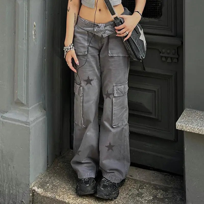 Llyge Women Y2K Grunge Vintage Low Waist Cargo Straight Denim Pants Pockets Star Print Street Fall Spring Long Trousers llyge