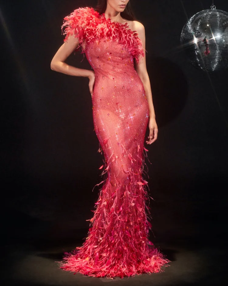 Women's Sleeveless Sequined Feather Dress