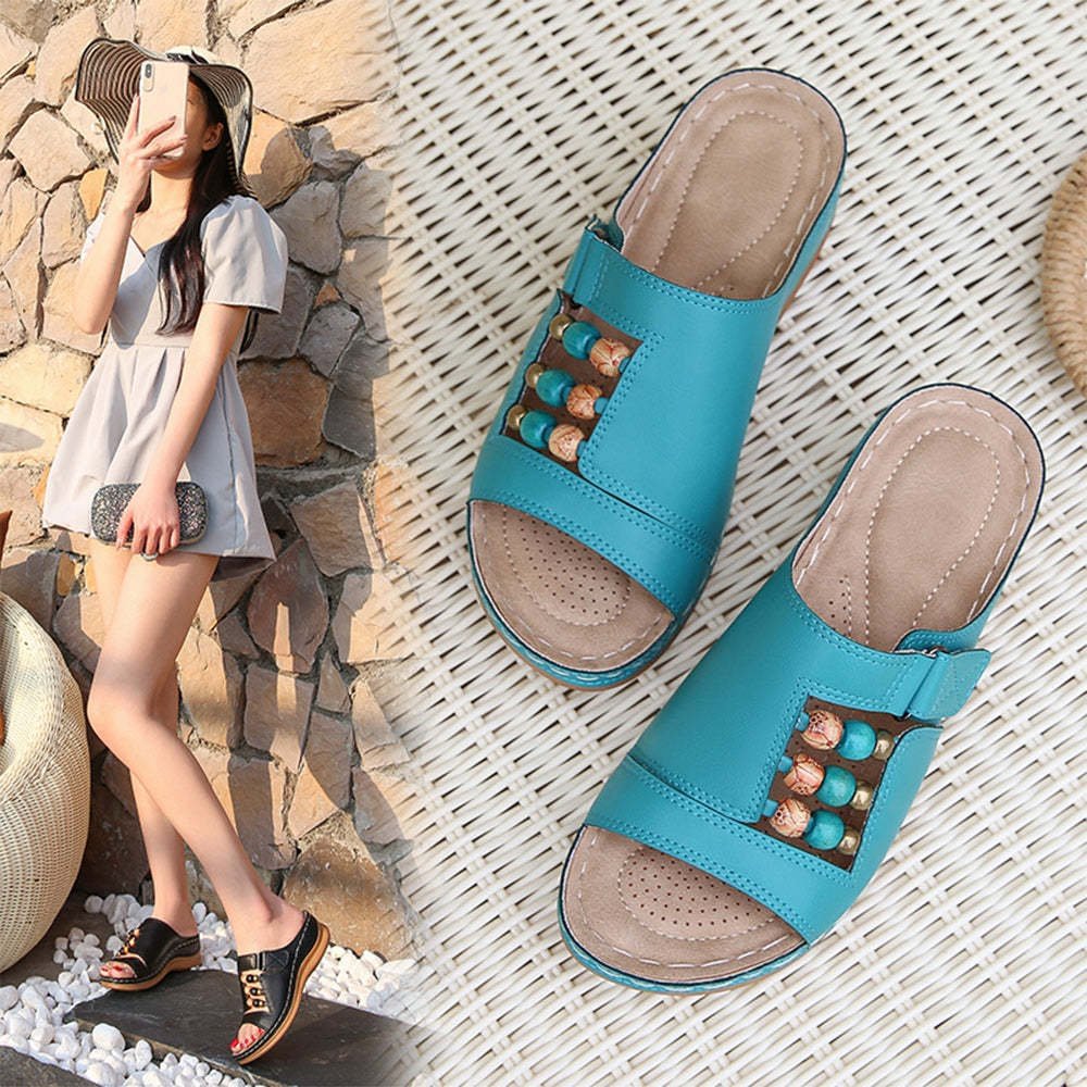 2022 Bohemian Beaded Open Toe Leather Wedge Sandals