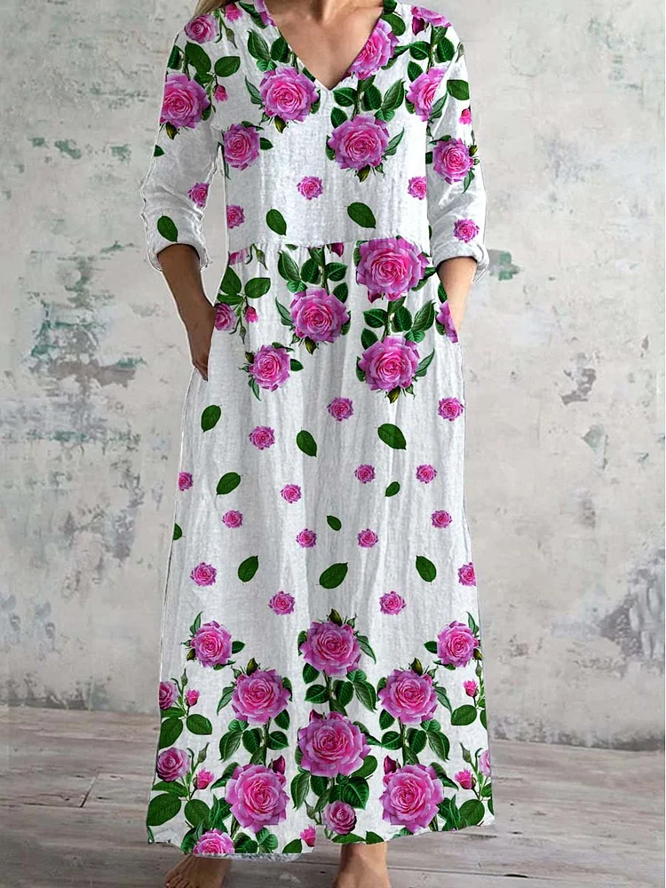 Women's V-neck Floral Print Cotton And Linen Dress With Pockets