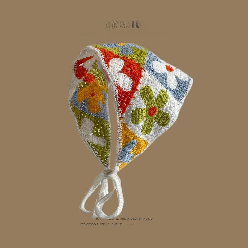 French Retro Turban Women’s Triangle Scarf Hair Belt Spring And Summer Travel Sweet Cute Handmade Crochet Artistic Style Baotou Hat