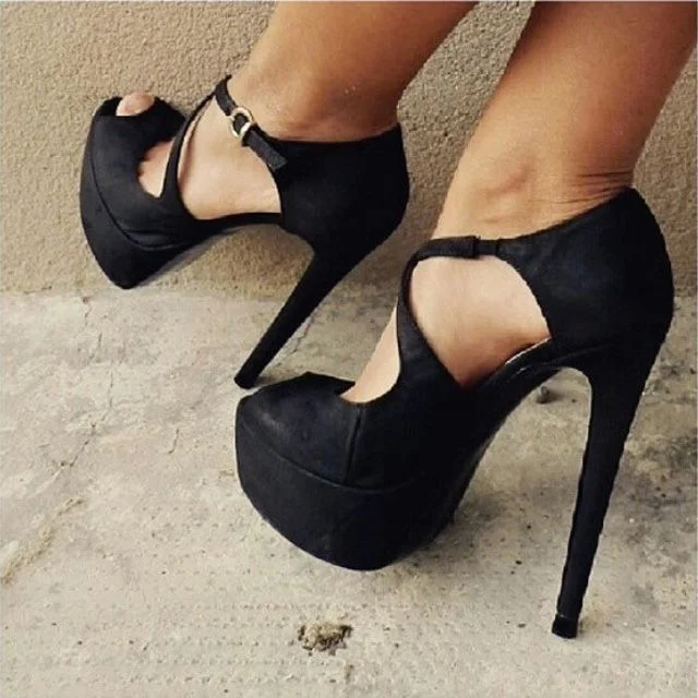 Black Ankle Strap Peep Toe Heels   - Leila Pumps Vdcoo