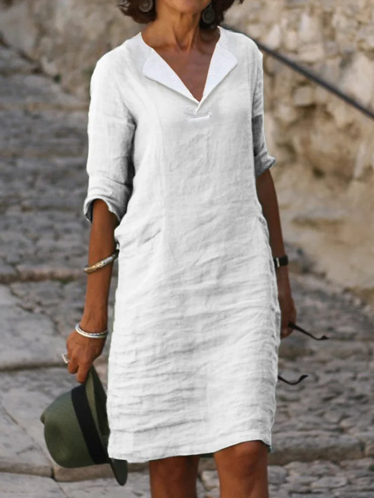 Lapel V Neck Linen Cotton Midi Dress