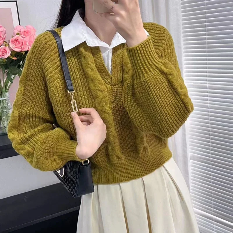 Toloer Toloer Department Fake Two Twist Sweater Sweater Female Autumn New Design Sense Cover Loose Show Thin Outside Wear Jacket-Outfit Ideas