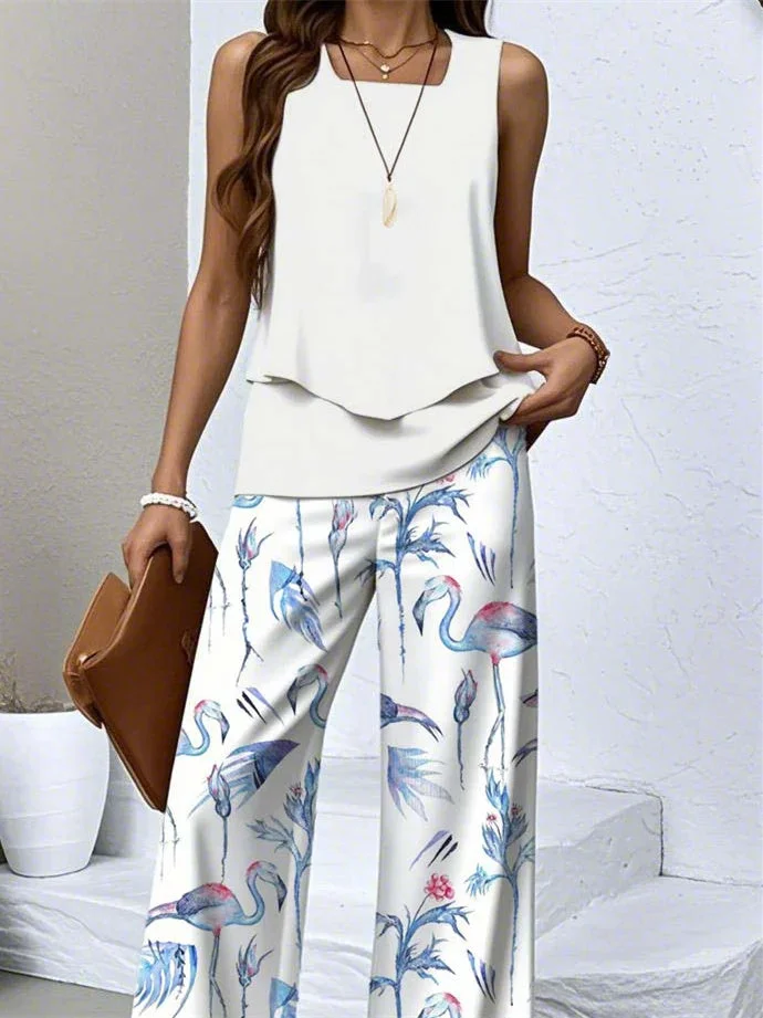 Women's Sleeveless Square Collar Floral Printed Casual Set