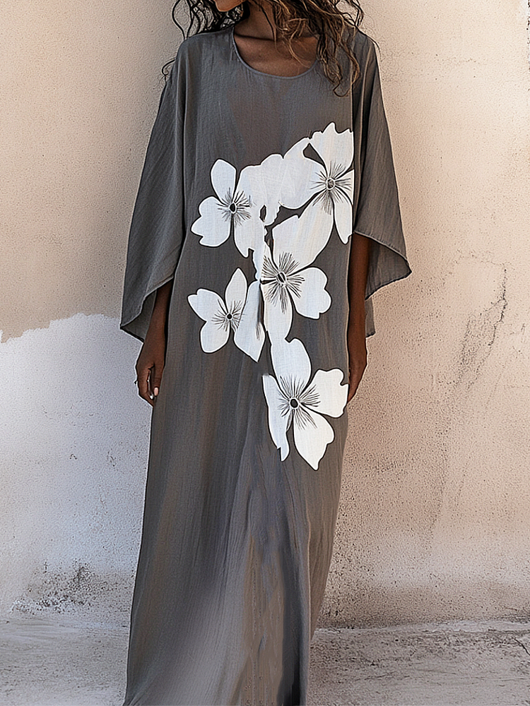 Elegant White Flower Color Linen V-neck Kaftan Dress