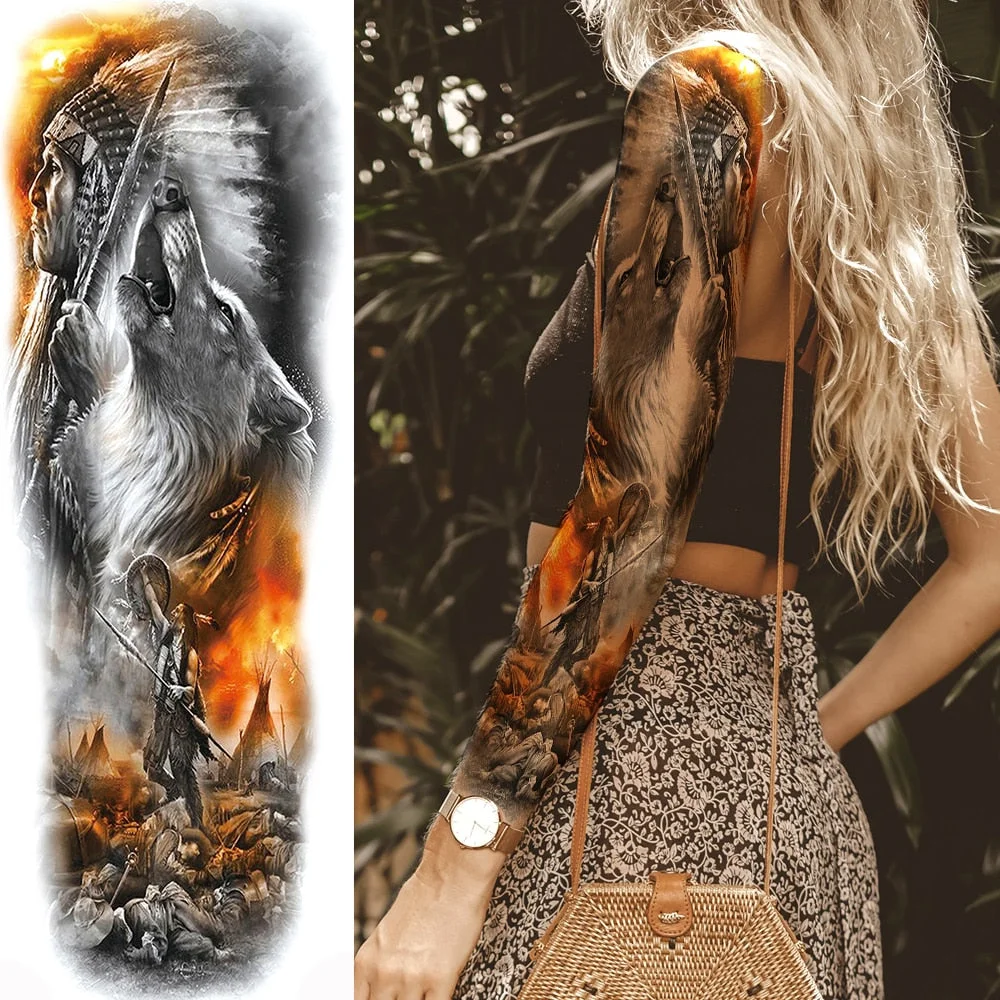 For Men Women Body Art Full Arm Sleeve Black Flower Tatoo Water Transfer Fake Tattoo Stickers Large Compass Temporary Tattoos