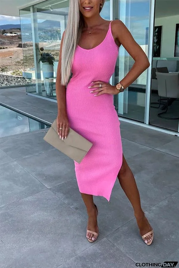 High Waist V Neck Side Split Cami Dress