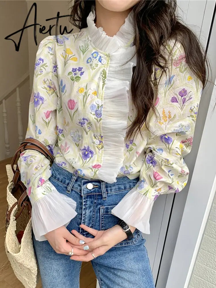 Blouse Women Shirt Ruffled Collar Floral Button Up Shirts Loose French Vintage Blouse Fashion Sweet Long Sleeve Tops Aiertu
