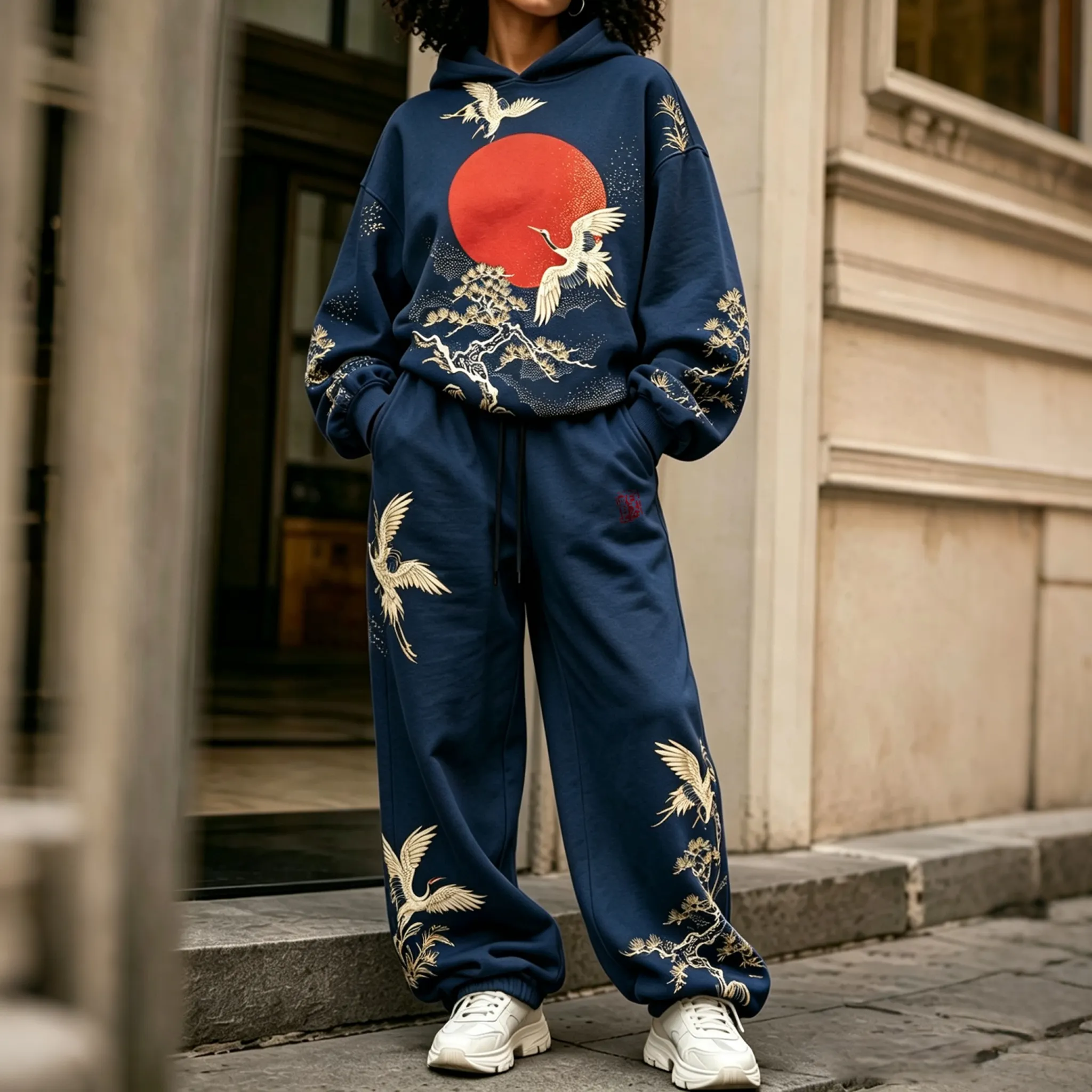 Comstylish Comstylish Women's Vintage Japanese Crane Art Print Hoodie Two Piece Set