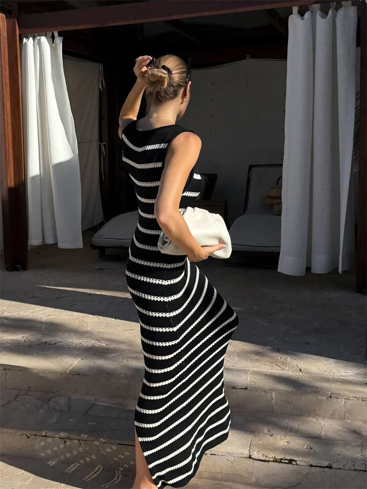 Uveng Uveng Sleeveless Striped Mid-Stripe New Tight Sexy Bag-Upped Vest Dress 2025 Knitted Dress