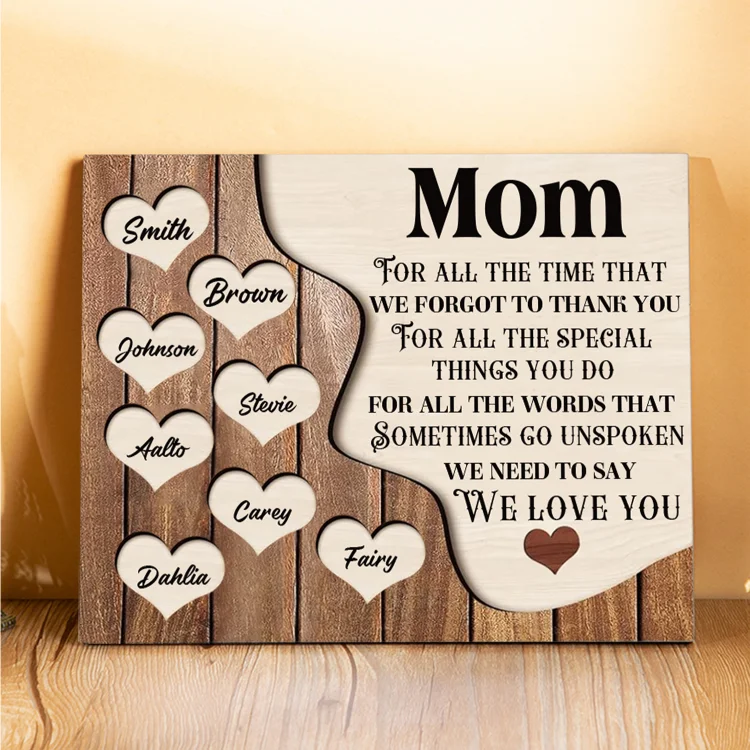 8 Names - Personalized Mom Wooden Plaque Custom Names Home Decoration Hearts Gift for Mother