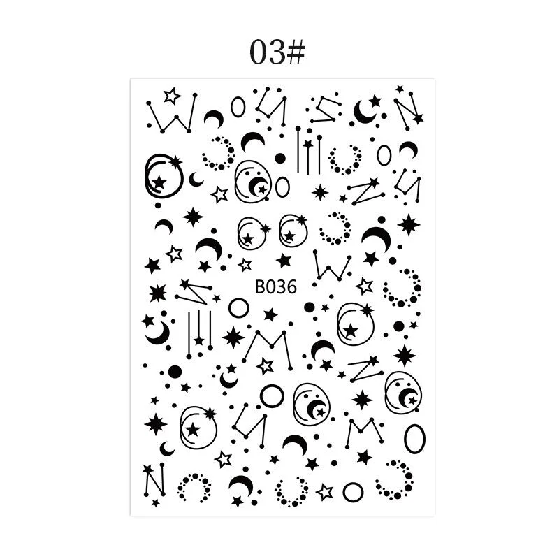 English Letter Design 3D Nail Stickers Iridescent Geometrics Gold Stars Moon Transfer Nail Art Sliders Decoration Accessories-Nail Inspo