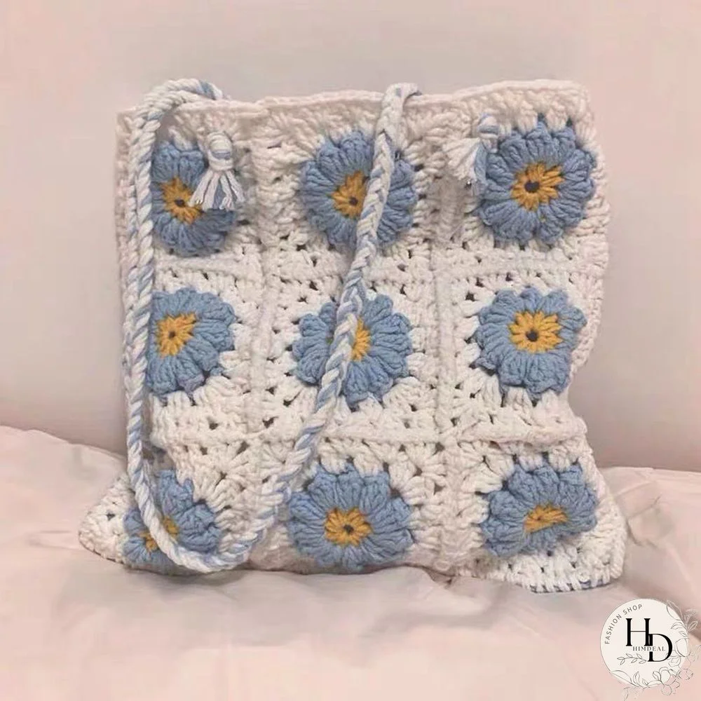 Multi Colors Hand Woven Knit Summer Sunflower Daisy Flowers Tote Bag