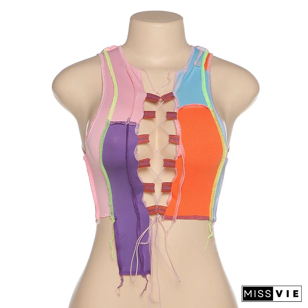 Sexy Patchwork Women Camisole Hollow Out Ribbed Knitting Crop Tops Club Party Wear Colorful Tank Top Bandage Vest Female