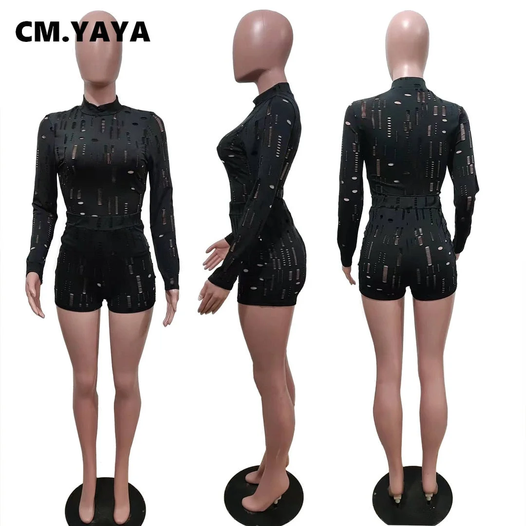 CM.YAYA Hole Active Women Set Long Sleeve T-shirt and Shorts Suit Sport Tracksuit Two Piece Set Fitness Outfit Black Tracksuit