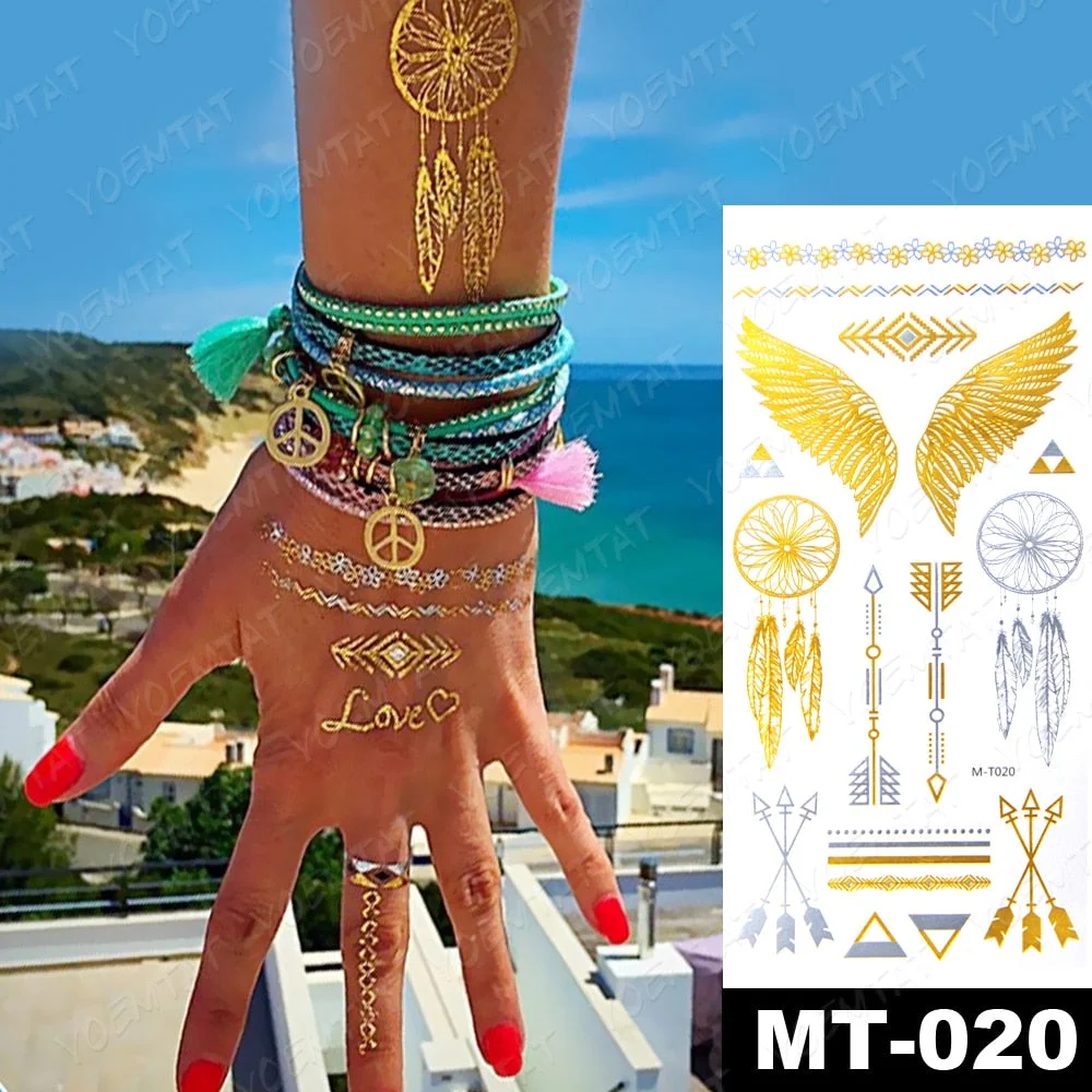 Waterproof Temporary Tattoo Sticker Gold Silver Henna Indian Hand Painted Glitter Tattoos Women Mandala Flower Feather Body Art