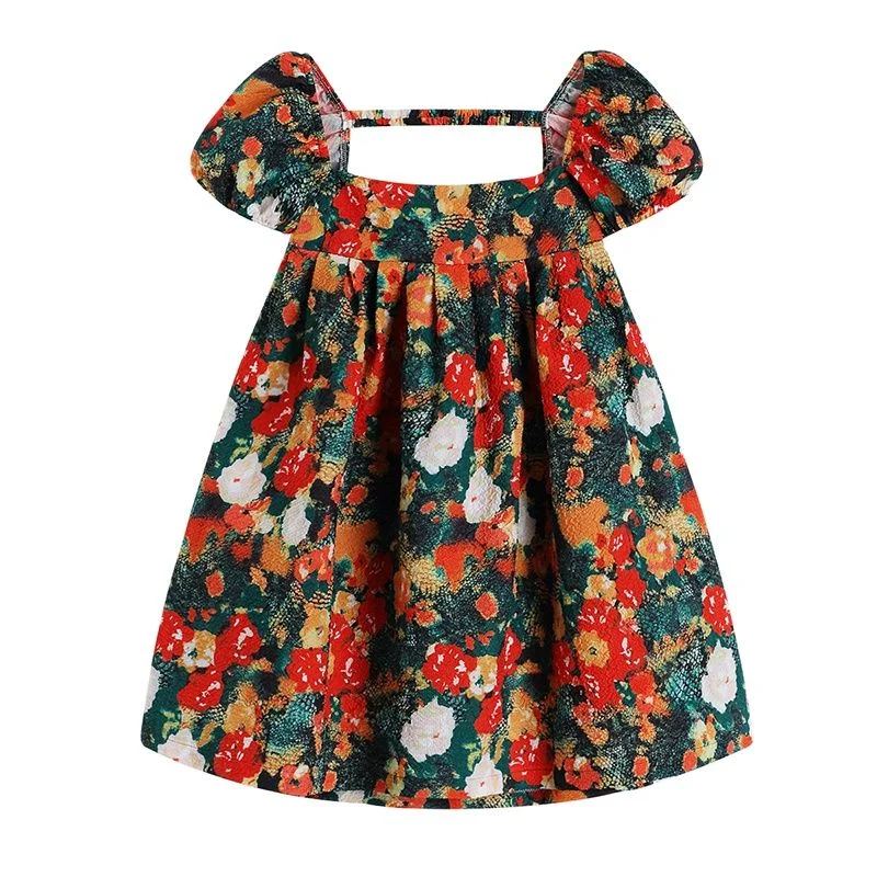 Vintage Dresses Women Casual Square Collar Sweet Dress Woman Backless High Waist Loose Floral Print Dress Summer Party Y2K