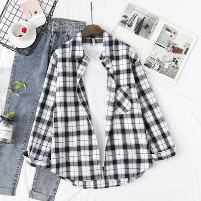 Plaid Shirts Womens Blouses And Tops Long Sleeve Female Casual Print Shirts Loose Cotton Checked Outwear Lady Spring Clothing