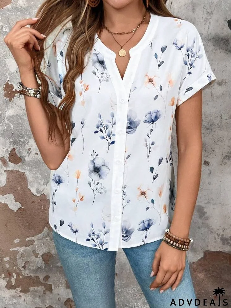 Women Summer Holiday Floral Print Notched V-Neck Short Sleeve Loose Shirt