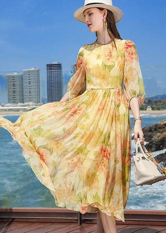 French Yellow Wrinkled Print Silk Holiday Dress Summer