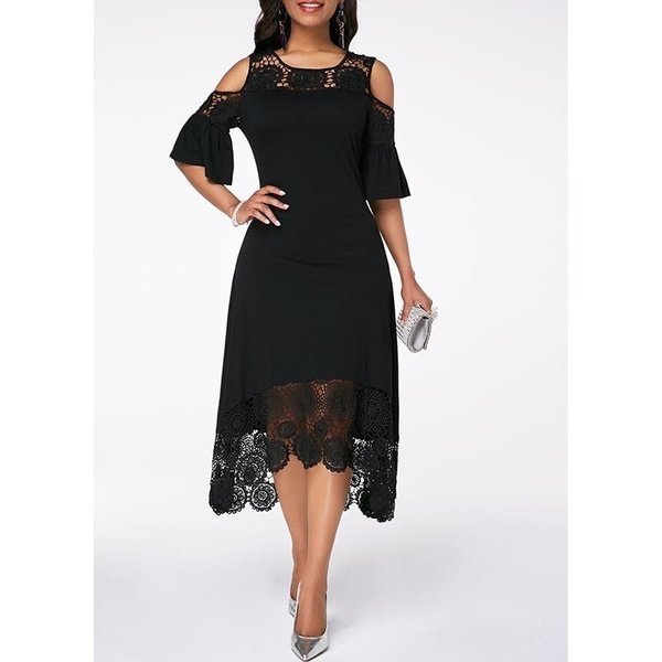 Elegant Crochet Lace Cold Shoulder Long Dress Party Casual Dress Plus Size