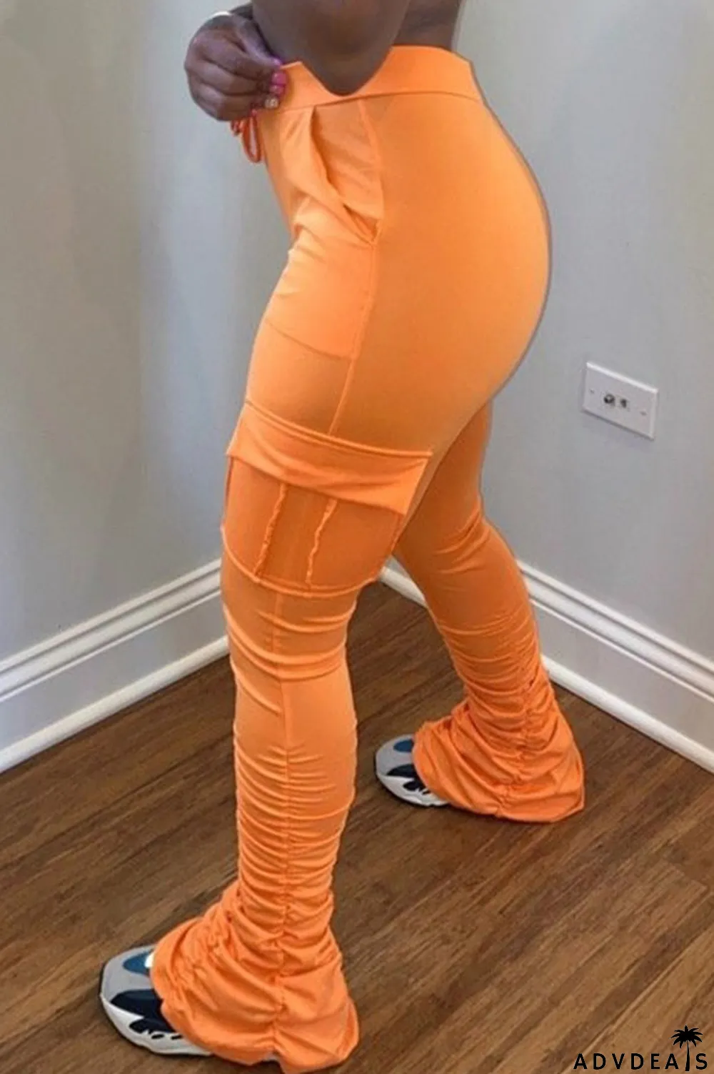 Orange Drawstring High Solid Pocket Draped Boot Cut Pants Bottoms