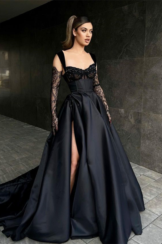 Bellasprom Black Straps Sweetheart Prom Dress Slit With Beads Bellasprom
