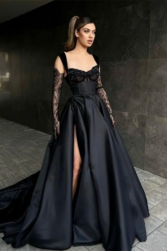 Bellasprom Black Straps Sweetheart Prom Dress Slit With Beads