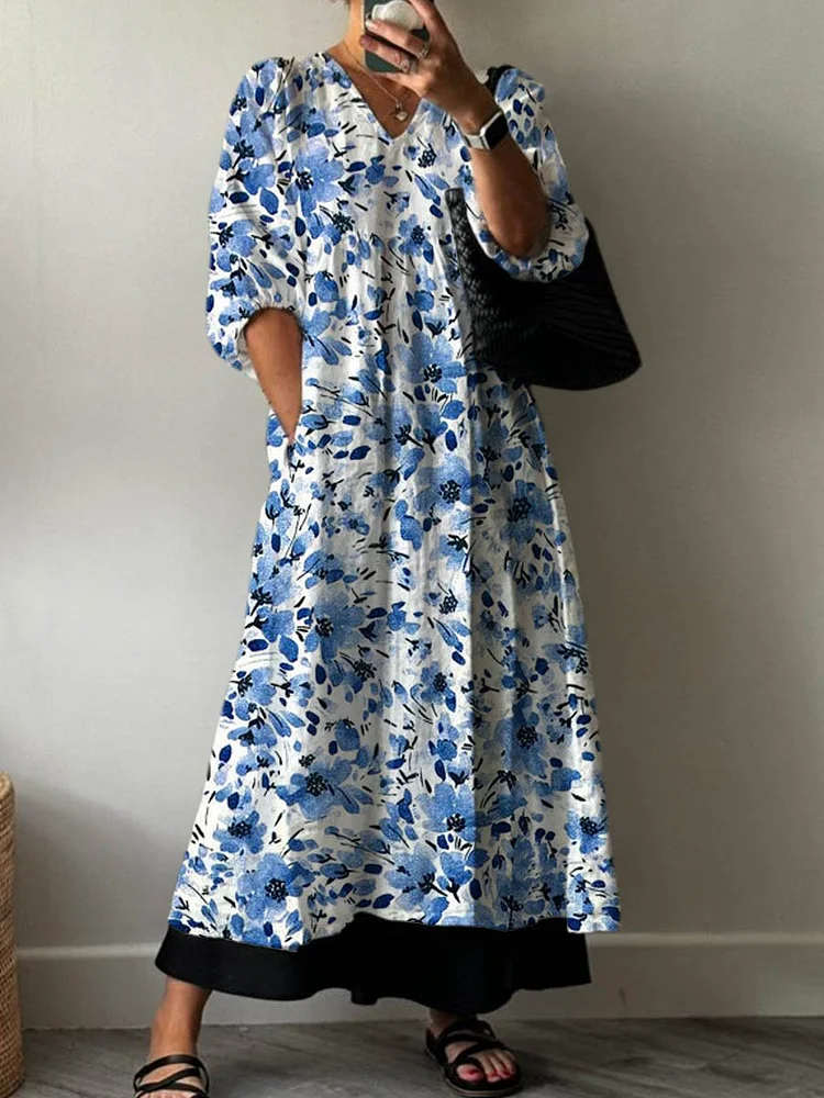 Women's Vintage Lovely Floral Art Print Pocket V-neck Cotton Dress